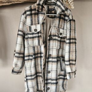 Love Tree Womens Plaid Pea Coat - Black and Cream